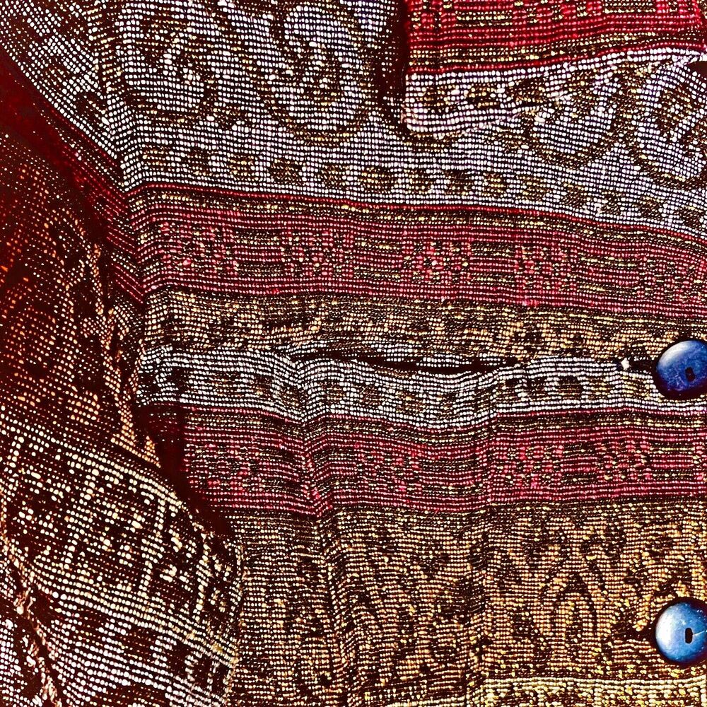 VTG Flashback Boho Tapestry Jacket Sz M Burgundy With Metallic Threading Pockets - Picture 4 of 7